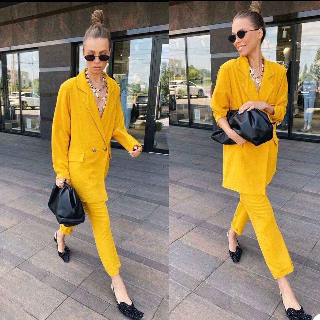 Traje de chaqueta de calle para mujer, de verano, amarillo, ajustado, de dos botones, para fiesta de noche, graduación, oficina, esmoquin (chaqueta + pantalón) 
