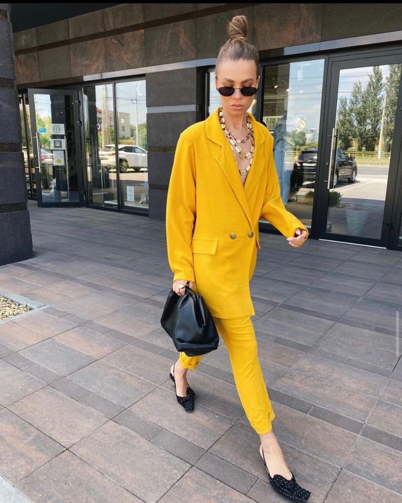 Traje de chaqueta de calle para mujer, de verano, amarillo, ajustado, de dos botones, para fiesta de noche, graduación, oficina, esmoquin (chaqueta + pantalón) 