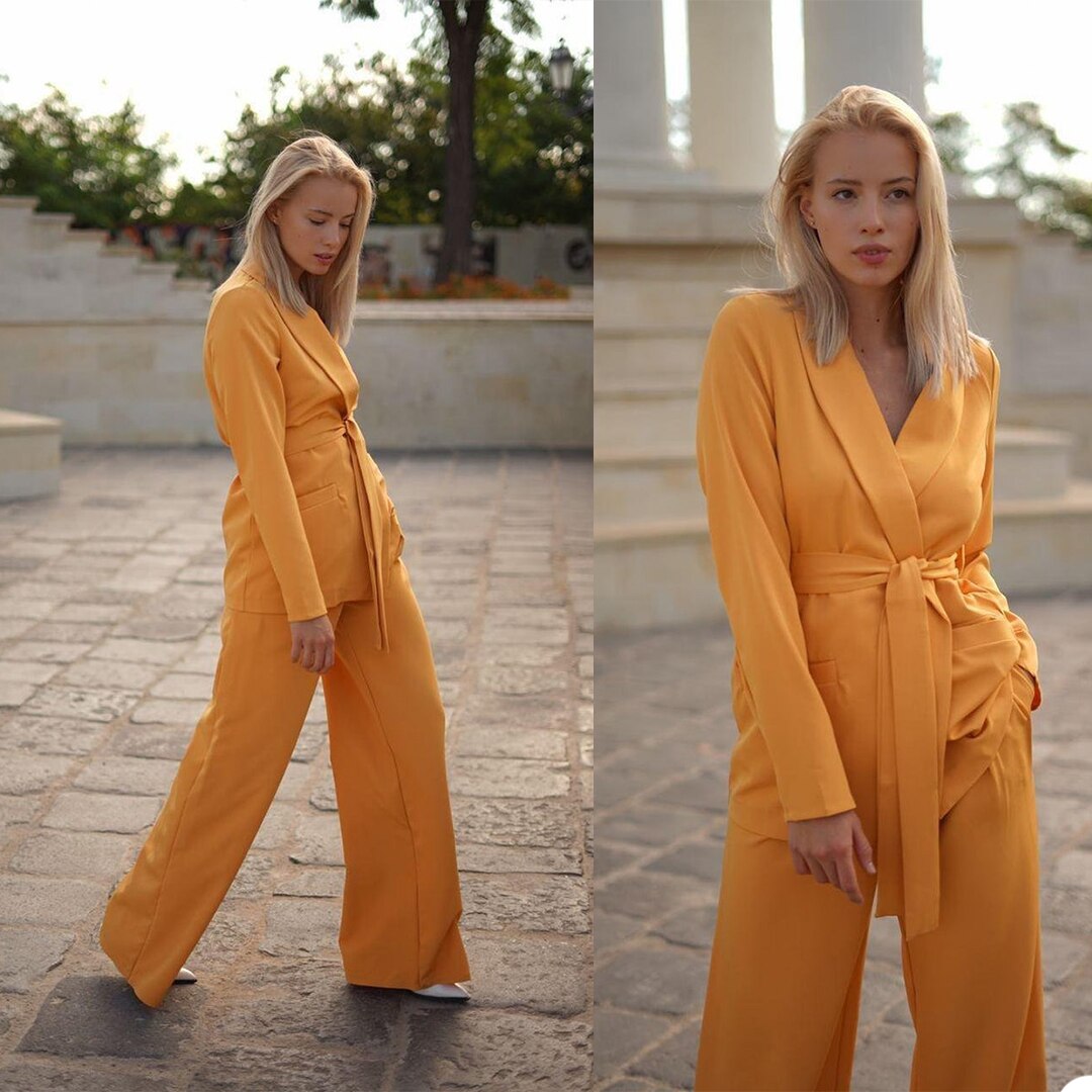 Street Style Ladies Blazer Suits with Belt Long Sleeve Bride Outfits Leisure Evening Party Wedding Wear (Jacket+Pants)
