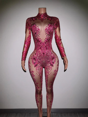 Rhinestone-Studded Long Sleeve Bodycon Romper for Women - Stunning Stage Performance Outfit