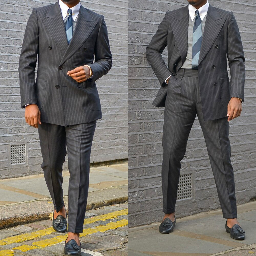 Costume à rayures pour homme, coupe classique, smoking de marié, revers pointus, blazer de soirée, pardessus (veste + pantalon)