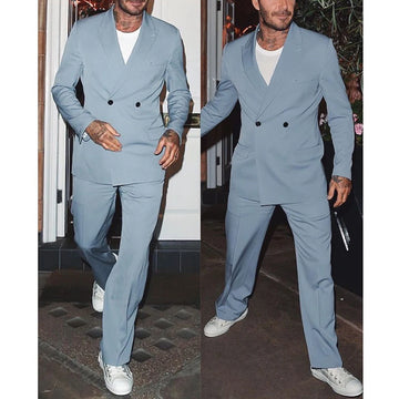 Men's Light Blue Double Breasted Suit with Matching Pants and White Sneakers