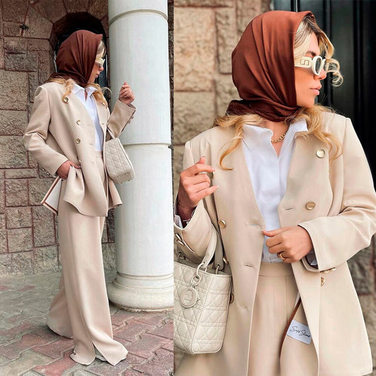 Summer Power Street Style Women Loose Blazer Suits 2 pieces V Neck Long Sleeve Mother of the Bride Pants Set