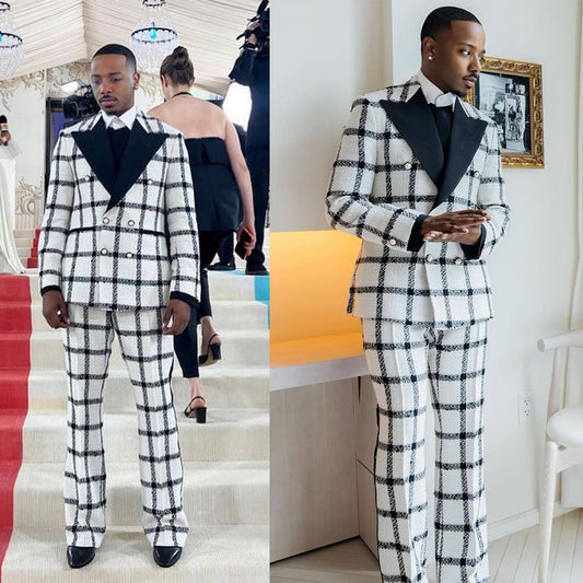 Wedding Men Suit Dark Checkered Tailor-Made Tuxedo 2-Pieces Jacket Pants Blazer Party Singer Groom Costume Made
