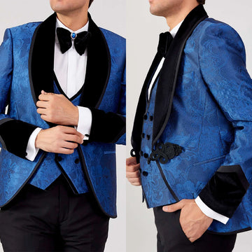 Élégant smoking bleu fleuri pour homme - Costume de mariage formel sur mesure avec revers châle, blazer, gilet et pantalon 3 pièces
