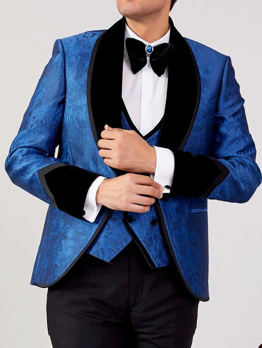 Elegant Blue Floral Tuxedo for Men - Custom Size Formal Wedding Suit with Shawl Lapel, 3-Piece Blazer, Vest & Pants Set