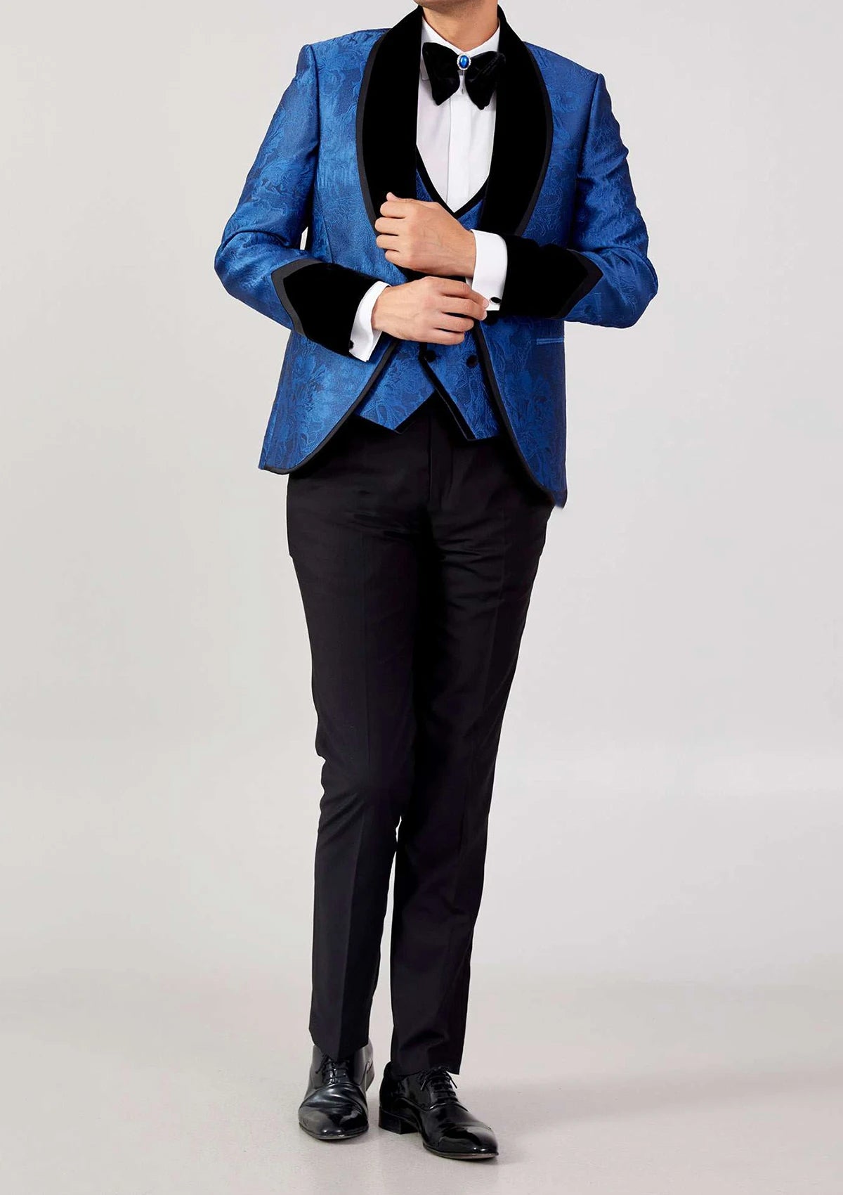 Elegant Blue Floral Tuxedo for Men - Custom Size Formal Wedding Suit with Shawl Lapel, 3-Piece Blazer, Vest & Pants Set