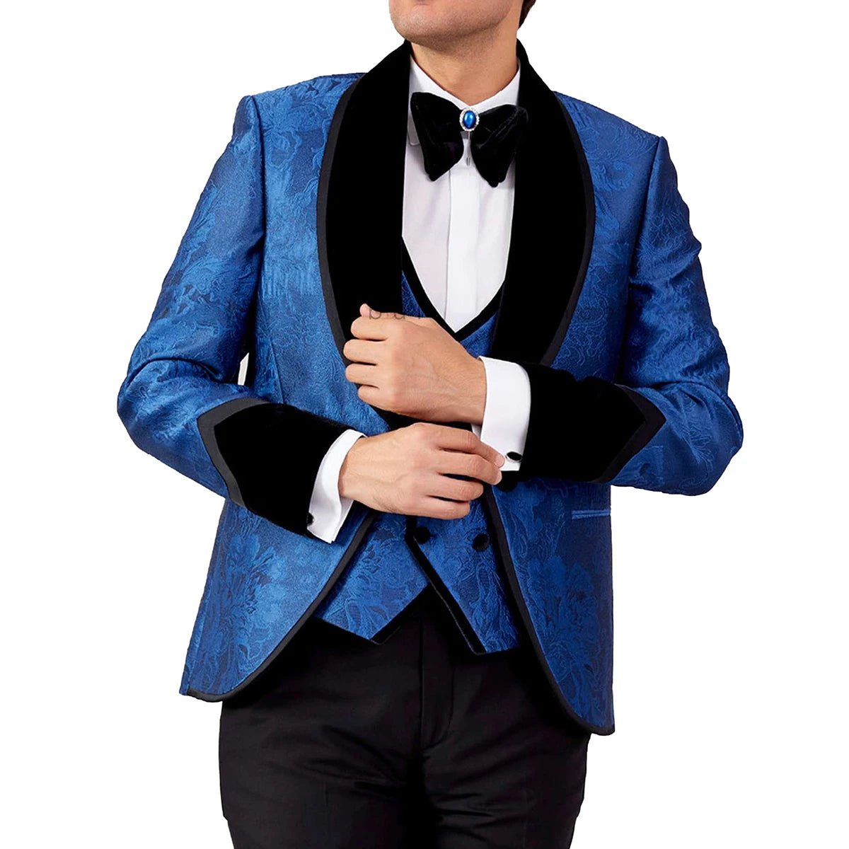 Elegant Blue Floral Tuxedo for Men - Custom Size Formal Wedding Suit with Shawl Lapel, 3-Piece Blazer, Vest & Pants Set