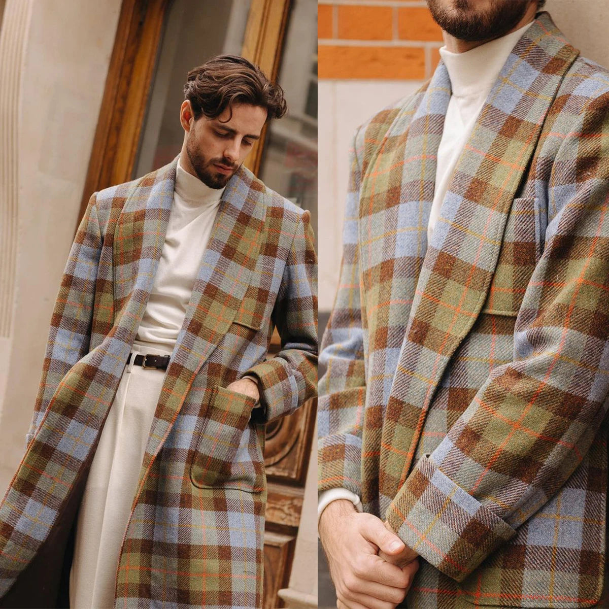 Traje de abrigo largo de algodón de invierno para hombre, nuevo, cómodo, enrejado, corte entallado, a medida, para ocasiones formales, talla personalizada.