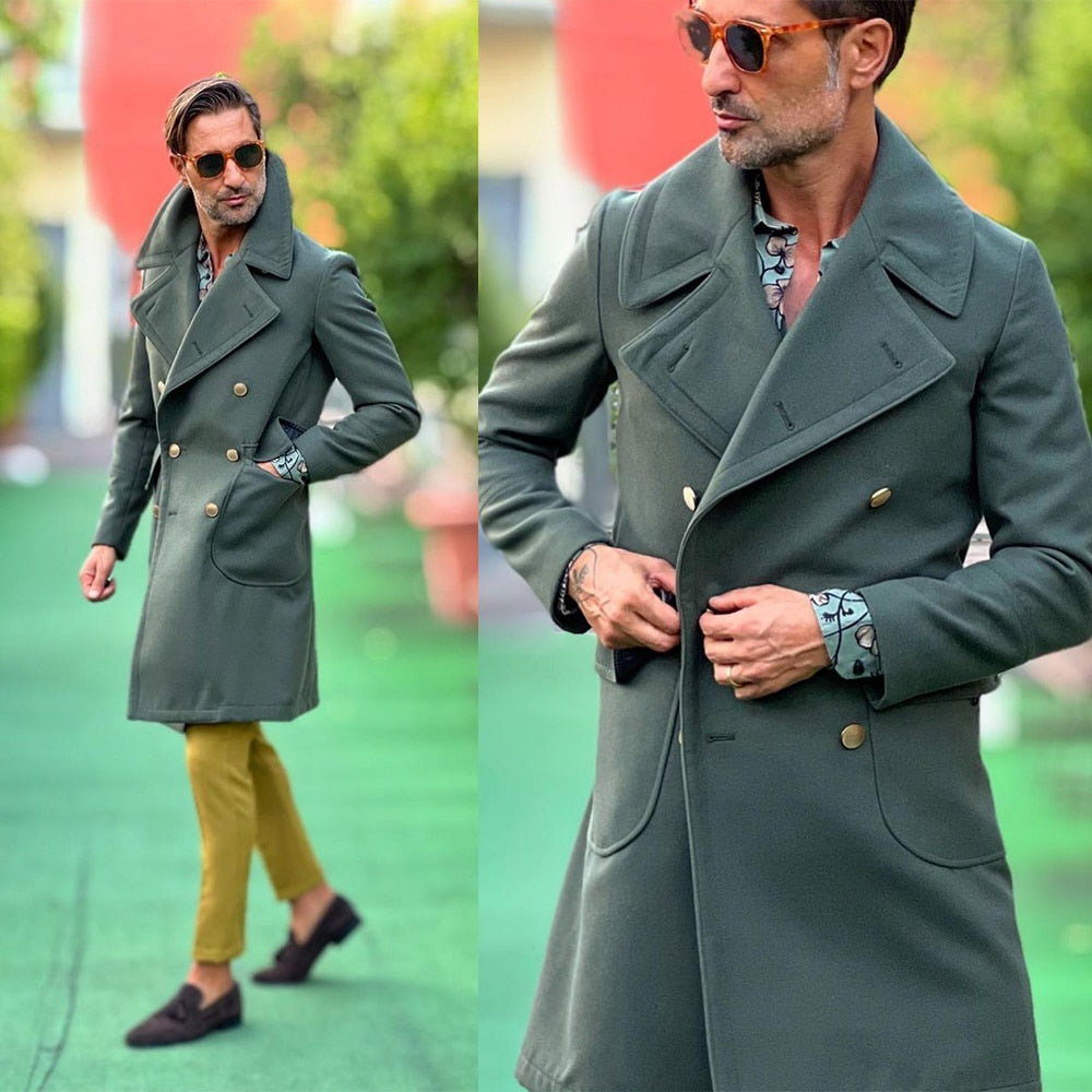 Manteau d'hiver tendance pour homme, long, une pièce, en laine vert noirâtre, grande taille, blazer formel en coton, pour le travail