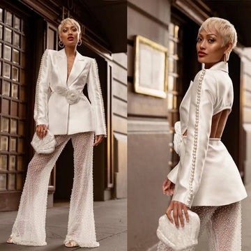 Elegant Women's 2-Piece Pearl-Embellished Suit with 3D Floral Accents, V-Neck, Backless Design, and Flared Pants for Chic Sophistication