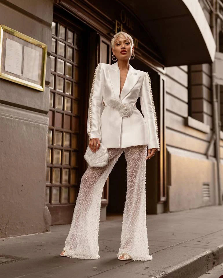 Elegant Women's 2-Piece Pearl-Embellished Suit with 3D Floral Accents, V-Neck, Backless Design, and Flared Pants for Chic Sophistication