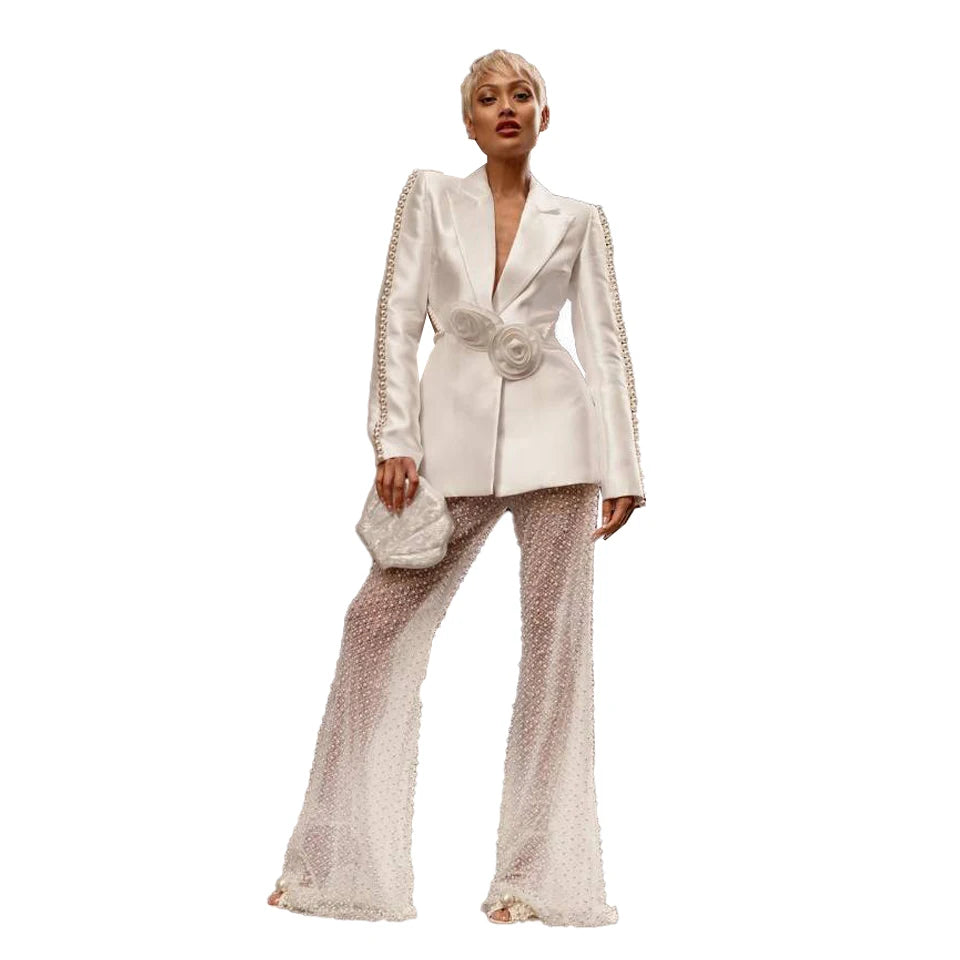 Elegant Women's 2-Piece Pearl-Embellished Suit with 3D Floral Accents, V-Neck, Backless Design, and Flared Pants for Chic Sophistication