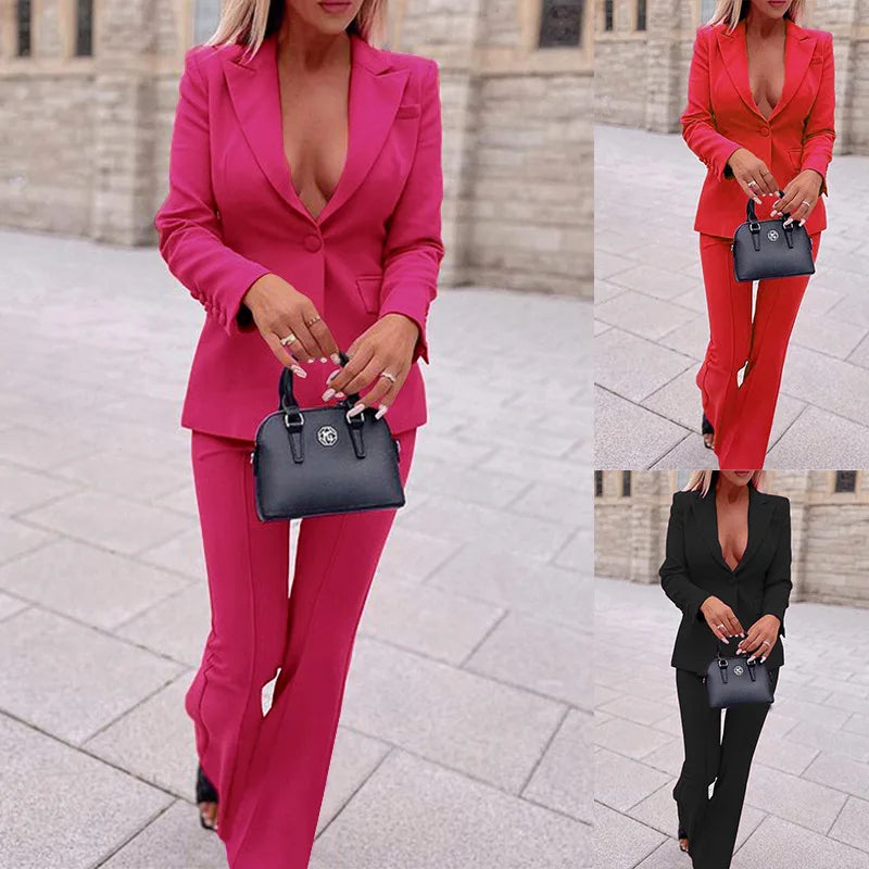 Women's Pant Sets Solid Blazer Jacket Trousers V-Neck Sexy Blazer Slim Fit Suit For Business Office Suit 2 Piece