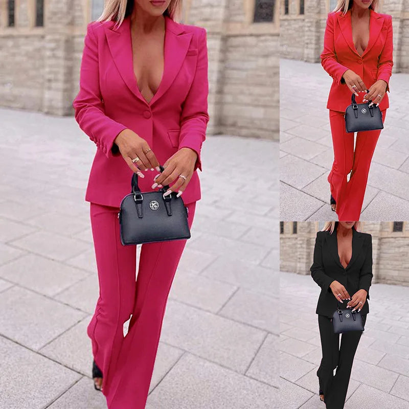 Conjuntos de pantalón para mujer, blazer liso, chaqueta, pantalón, escote en V, blazer sexy, traje ajustado para oficina de negocios, traje de 2 piezas 