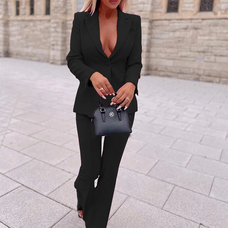 Conjuntos de pantalón para mujer, blazer liso, chaqueta, pantalón, escote en V, blazer sexy, traje ajustado para oficina de negocios, traje de 2 piezas 