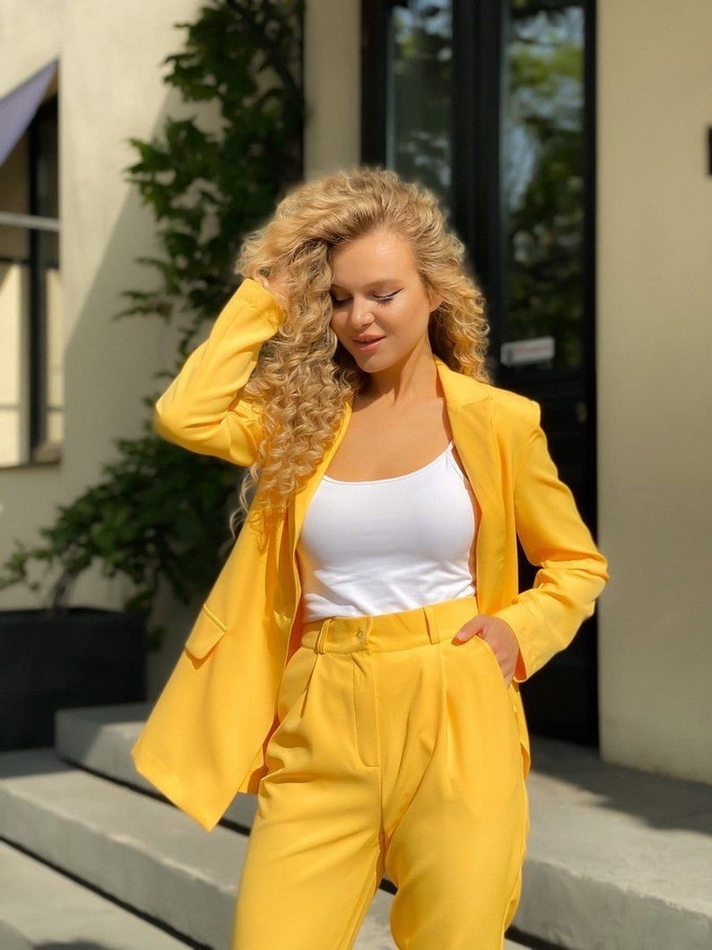Costume blazer jaune formel pour mère de la mariée, tenue de soirée sur tapis rouge, tenue de mariage (veste + pantalon) 