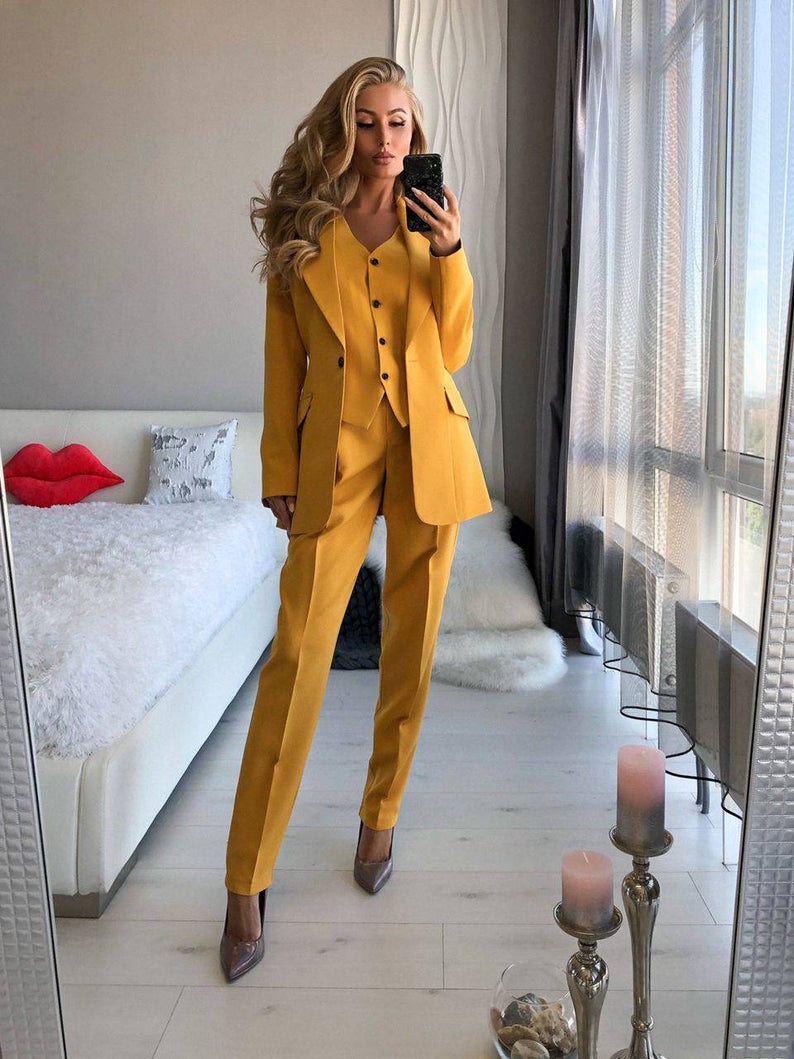 Ensemble pantalon de mariée jaune 3 pièces pour femme, smoking de soirée, tenue de soirée formelle pour mère de la mariée, pour mariage 