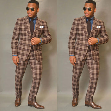 FashionBrown Plaid Men Suit Tailor-Made 2 Pieces Blazer Pants Single Breasted Gentle Wedding Groom Business Causal Prom Tailored