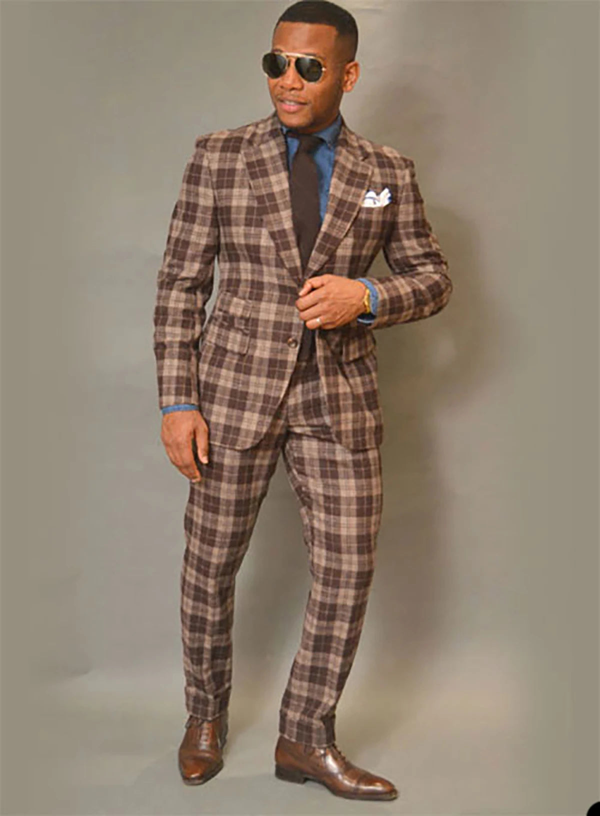 Traje a cuadros marrón de moda para hombre, a medida, 2 piezas, blazer, pantalones, botonadura sencilla, elegante, para boda, novio, negocios, informal, para graduación, a medida.