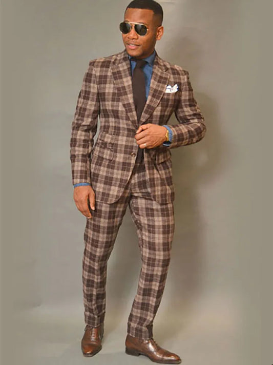 FashionBrown Plaid Men Suit Tailor-Made 2 Pieces Blazer Pants Single Breasted Gentle Wedding Groom Business Causal Prom Tailored