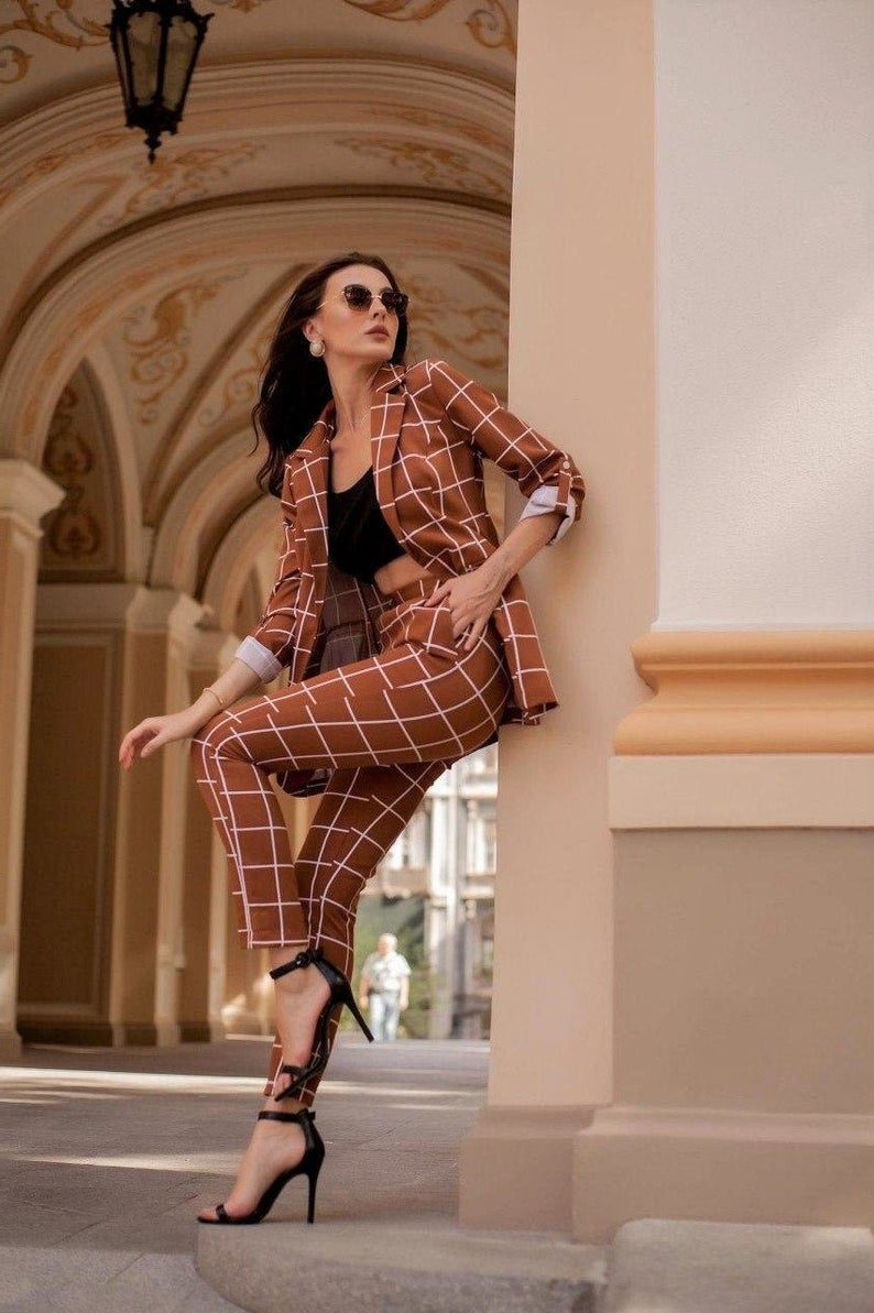 Women Check Jacket Suits V Neck Long Sleeve Bridal Pants Suit Mother of Bride Dress Party Prom Evening Wear