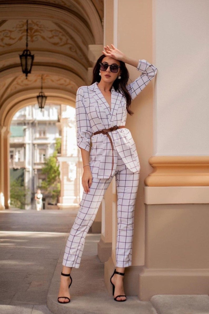 Women Check Jacket Suits V Neck Long Sleeve Bridal Pants Suit Mother of Bride Dress Party Prom Evening Wear