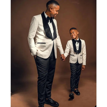Father And Son Ivory Black Men Wedding Suits 2 Pieces Tuxedos Slim Fit Shawl Lapel Groom Prom Party Blazer Outfit Jacket+Pant