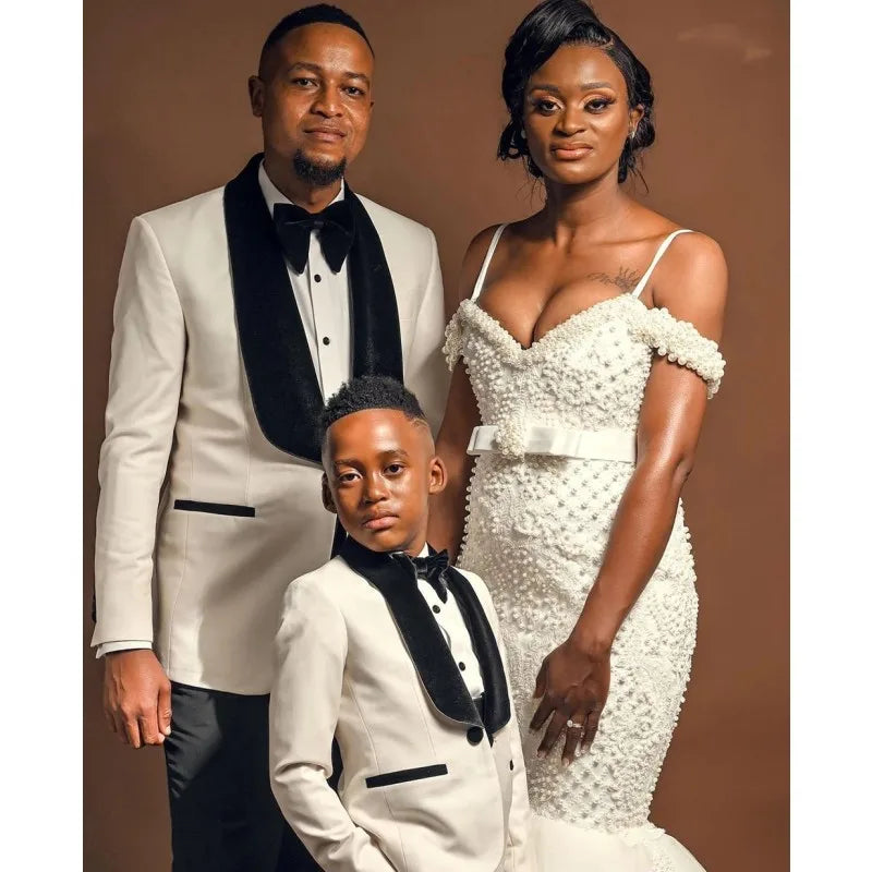 Costume de mariage 2 pièces pour homme, noir et ivoire, coupe slim, revers châle, veste et pantalon.
