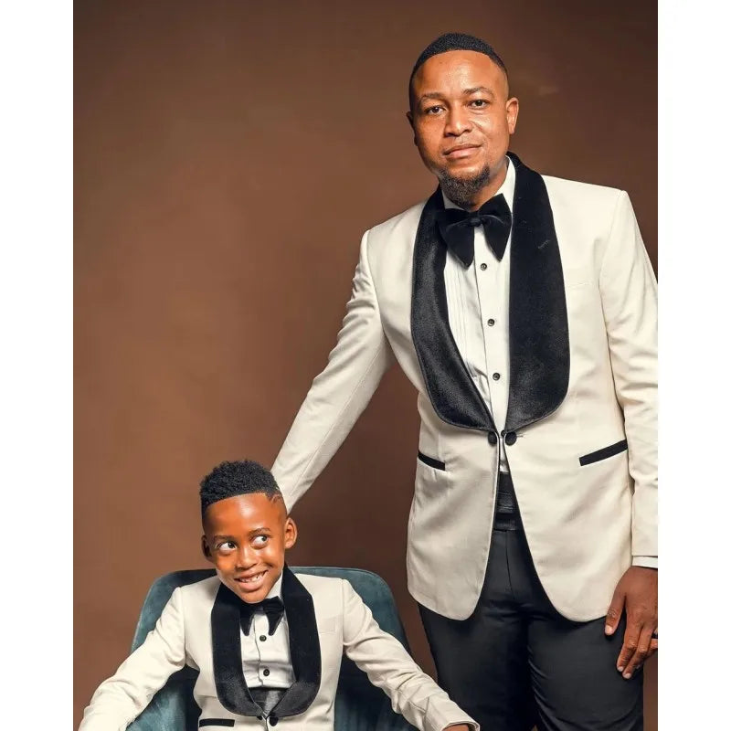 Father And Son Ivory Black Men Wedding Suits 2 Pieces Tuxedos Slim Fit Shawl Lapel Groom Prom Party Blazer Outfit Jacket+Pant