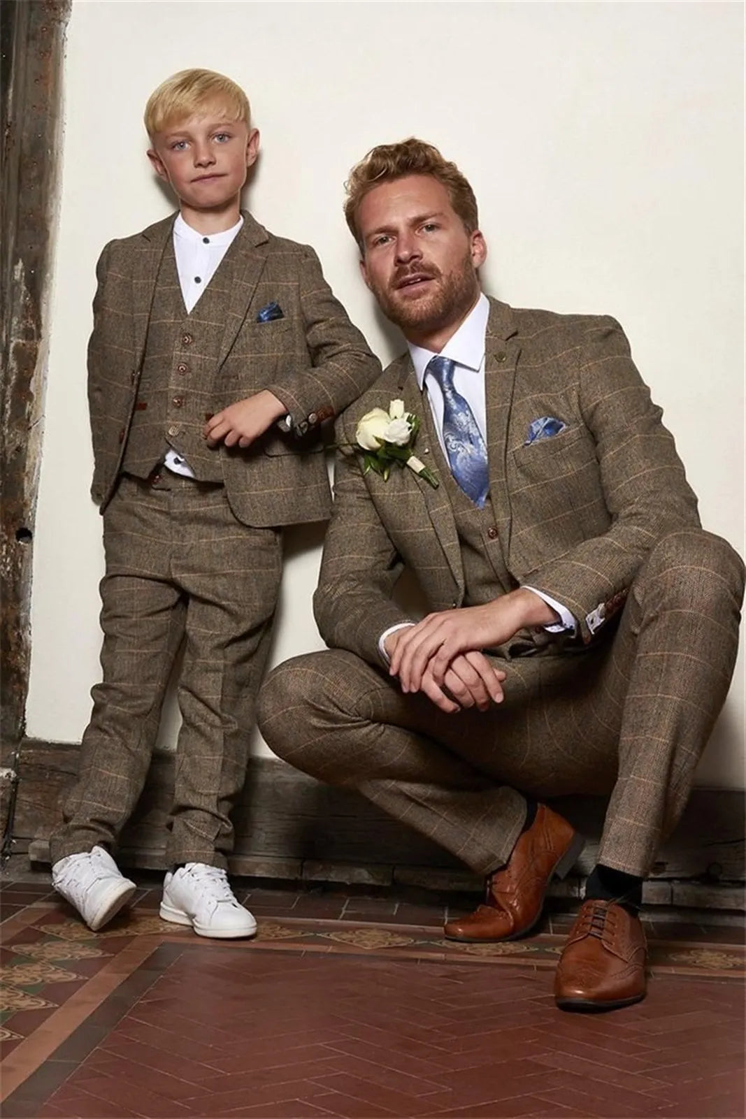 Father and Son Men's Suit Vintage Wedding Tuxedo Slim Formal Cocktail Party Groom Plaid Brown Suit 3 Piece (Jacket+Vest+Pants)