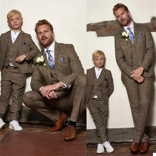 Father and Son Men's Suit Vintage Wedding Tuxedo Slim Formal Cocktail Party Groom Plaid Brown Suit 3 Piece (Jacket+Vest+Pants)