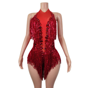 Body transparente con flecos y lentejuelas rojas intermitentes para mujer, ideal para fiestas de cumpleaños y bailes de graduación. 