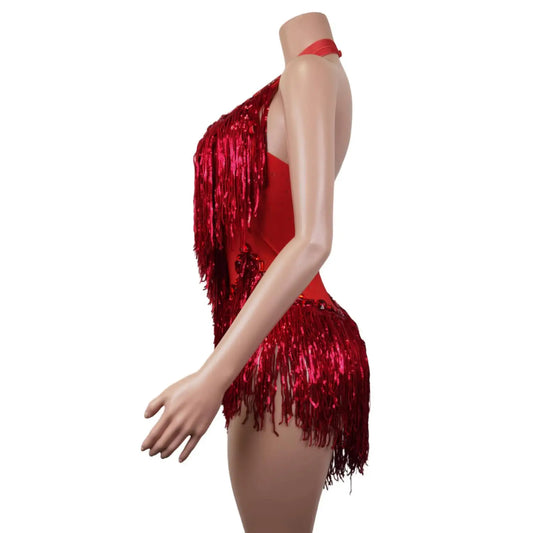 Body transparente con flecos y lentejuelas rojas intermitentes para mujer, ideal para fiestas de cumpleaños y bailes de graduación. 