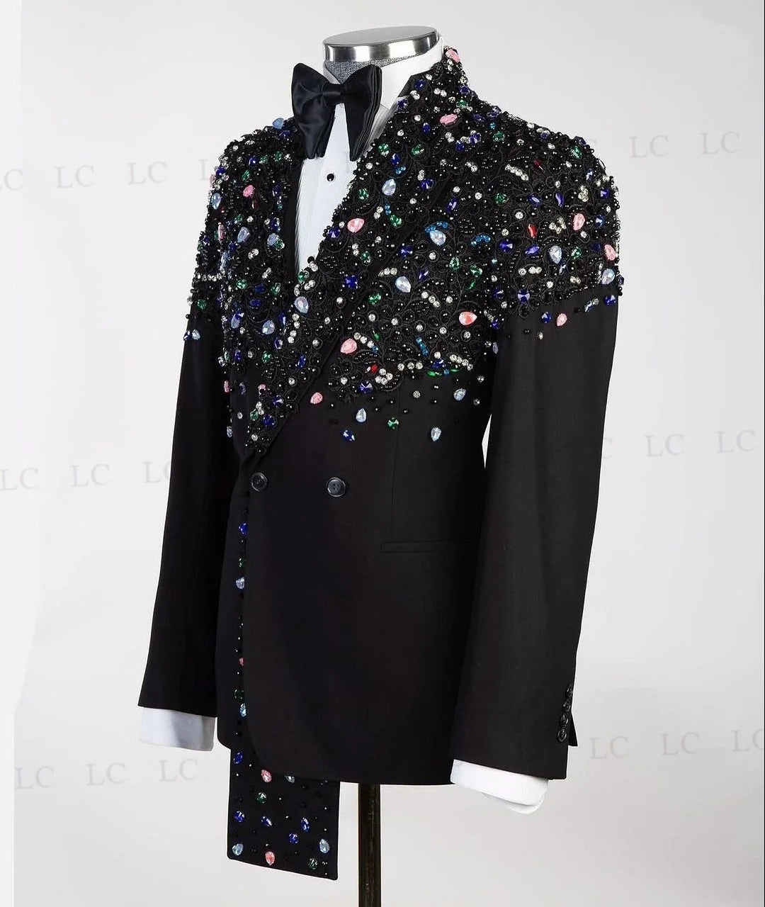 Stunning Floral Embellished Two-Piece Black Tuxedo Suit for Men - One Button Blazer and Pants Set for Weddings, Prom, and Special Occasions, Custom Sizes Available