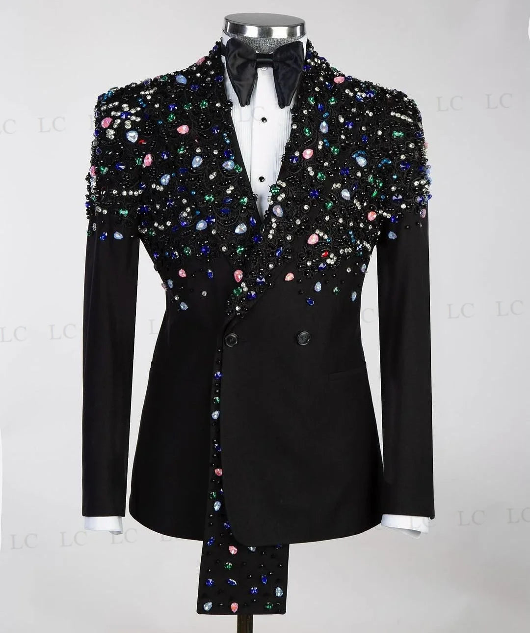 Stunning Floral Embellished Two-Piece Black Tuxedo Suit for Men - One Button Blazer and Pants Set for Weddings, Prom, and Special Occasions, Custom Sizes Available
