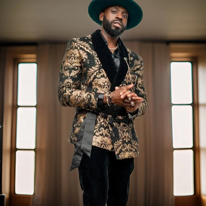 Floral African Men Suits For Wedding 2 Pcs Wedding Tuxedo Black Velvet Shawl Lapel Jacket With Pants Slim Fit Male Fashion