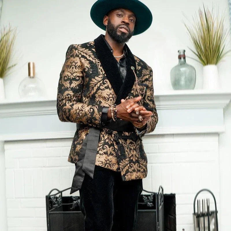 Floral African Men Suits For Wedding 2 Pcs Wedding Tuxedo Black Velvet Shawl Lapel Jacket With Pants Slim Fit Male Fashion