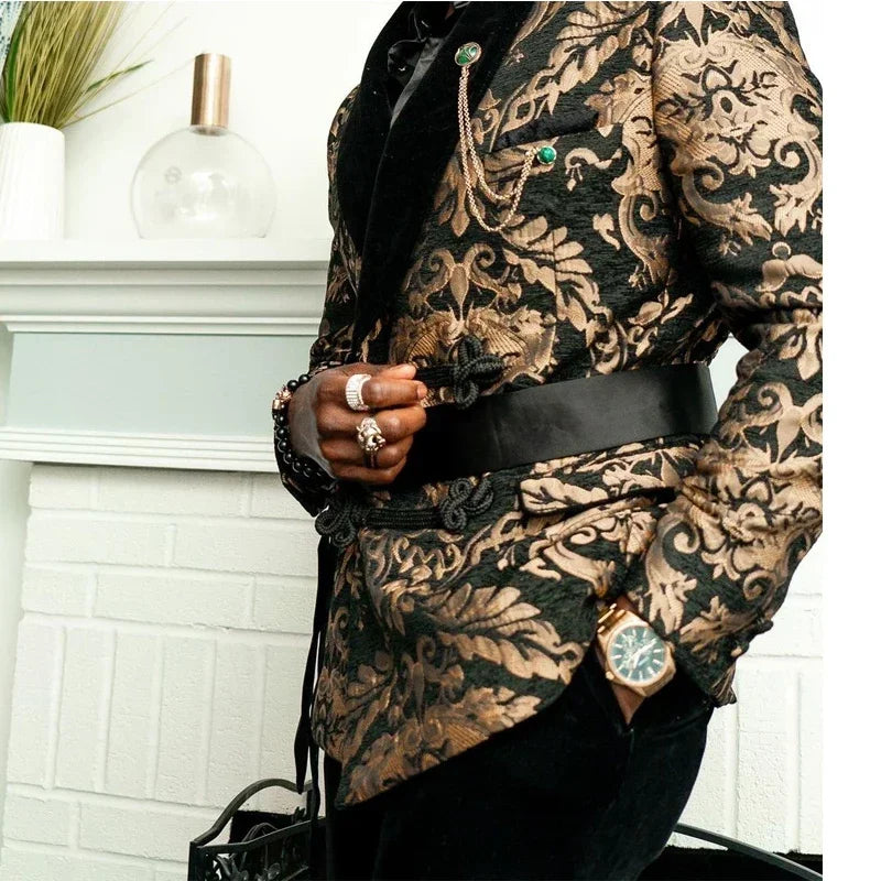 Floral African Men Suits For Wedding 2 Pcs Wedding Tuxedo Black Velvet Shawl Lapel Jacket With Pants Slim Fit Male Fashion
