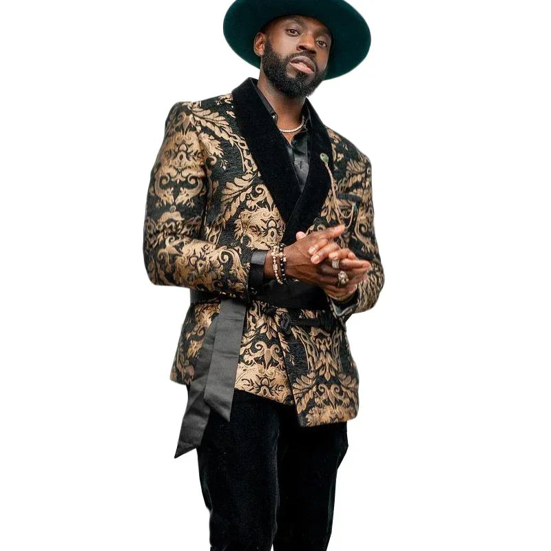 Floral African Men Suits For Wedding 2 Pcs Wedding Tuxedo Black Velvet Shawl Lapel Jacket With Pants Slim Fit Male Fashion