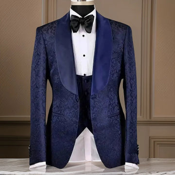 Floral Groom Tuxedo for Wedding Men Navy Blue Slim Fit Suits Jacquard with Black Pants 3 Pcs Blazer Waistcoat Fashion