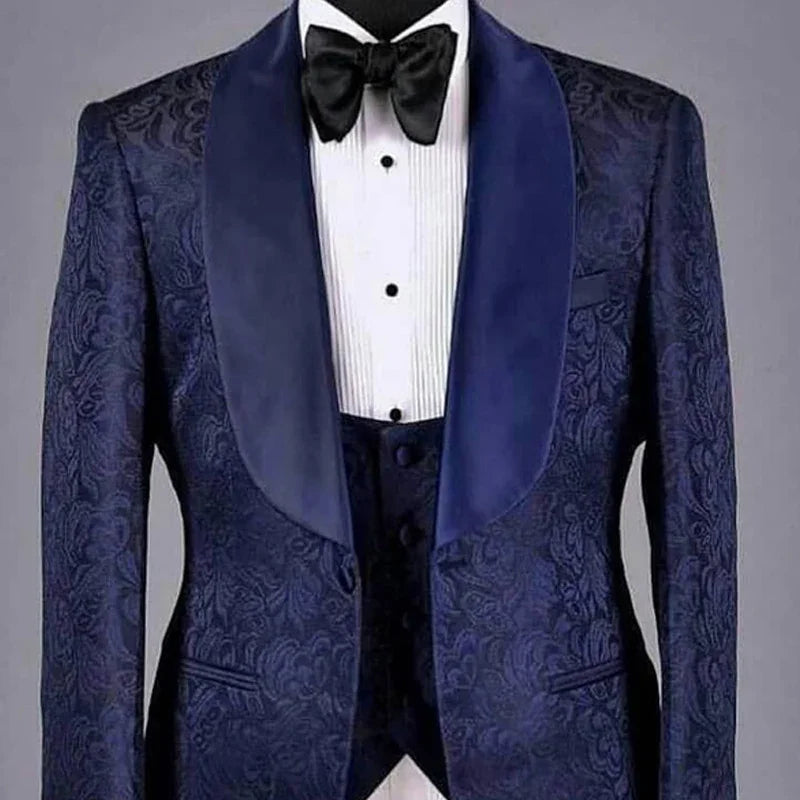 Floral Groom Tuxedo for Wedding Men Navy Blue Slim Fit Suits Jacquard with Black Pants 3 Pcs Blazer Waistcoat Fashion