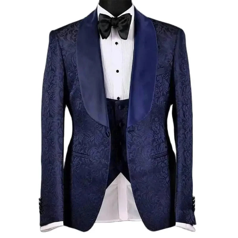 Floral Groom Tuxedo for Wedding Men Navy Blue Slim Fit Suits Jacquard with Black Pants 3 Pcs Blazer Waistcoat Fashion