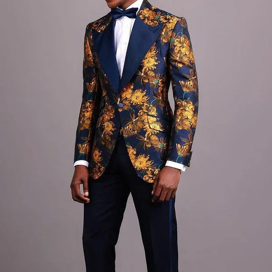 Floral Groom Tuxedos For Wedding Prom Party 3 Pcs Jacquard Men Suit Slim Fit Male Fashion Costume Custom (Jacket + Vest + Pants)