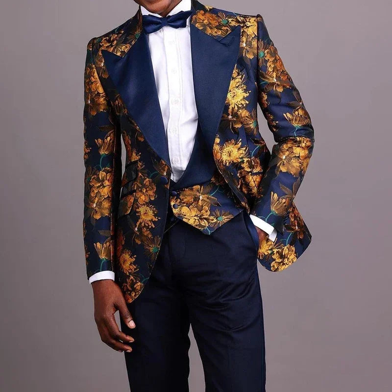 Floral Groom Tuxedos For Wedding Prom Party 3 Pcs Jacquard Men Suit Slim Fit Male Fashion Costume Custom (Jacket + Vest + Pants)