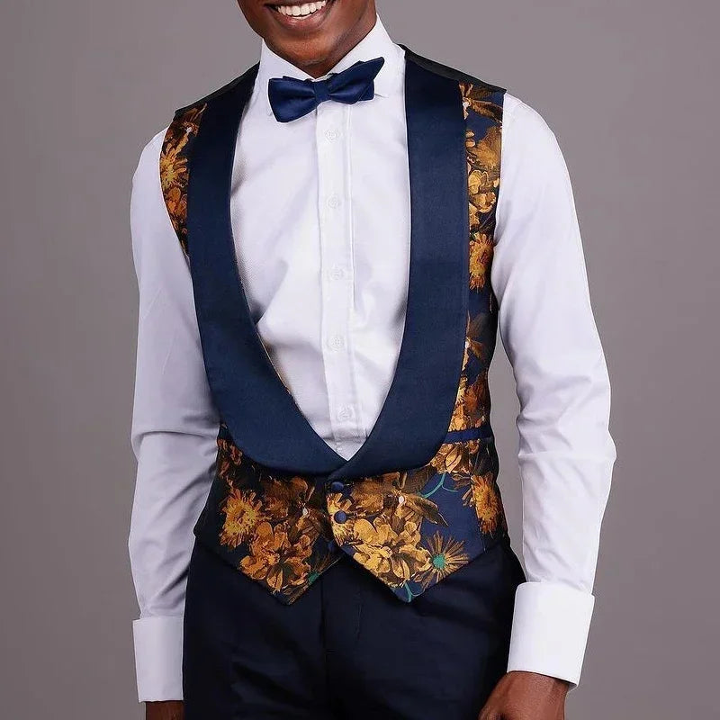 Floral Groom Tuxedos For Wedding Prom Party 3 Pcs Jacquard Men Suit Slim Fit Male Fashion Costume Custom (Jacket + Vest + Pants)