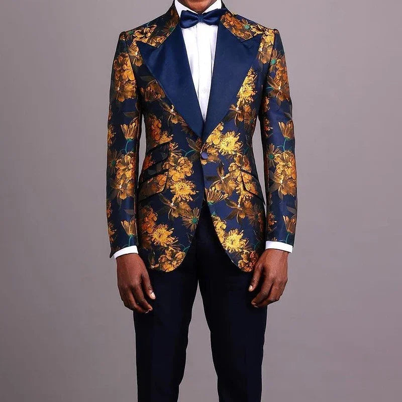 Floral Groom Tuxedos For Wedding Prom Party 3 Pcs Jacquard Men Suit Slim Fit Male Fashion Costume Custom (Jacket + Vest + Pants)