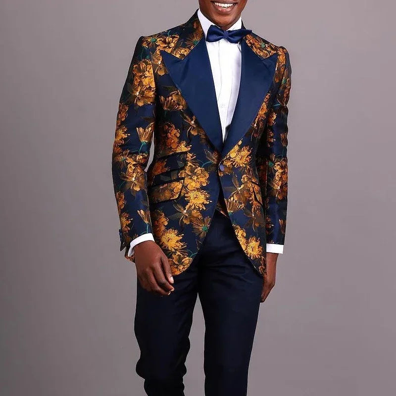 Floral Groom Tuxedos For Wedding Prom Party 3 Pcs Jacquard Men Suit Slim Fit Male Fashion Costume Custom (Jacket + Vest + Pants)
