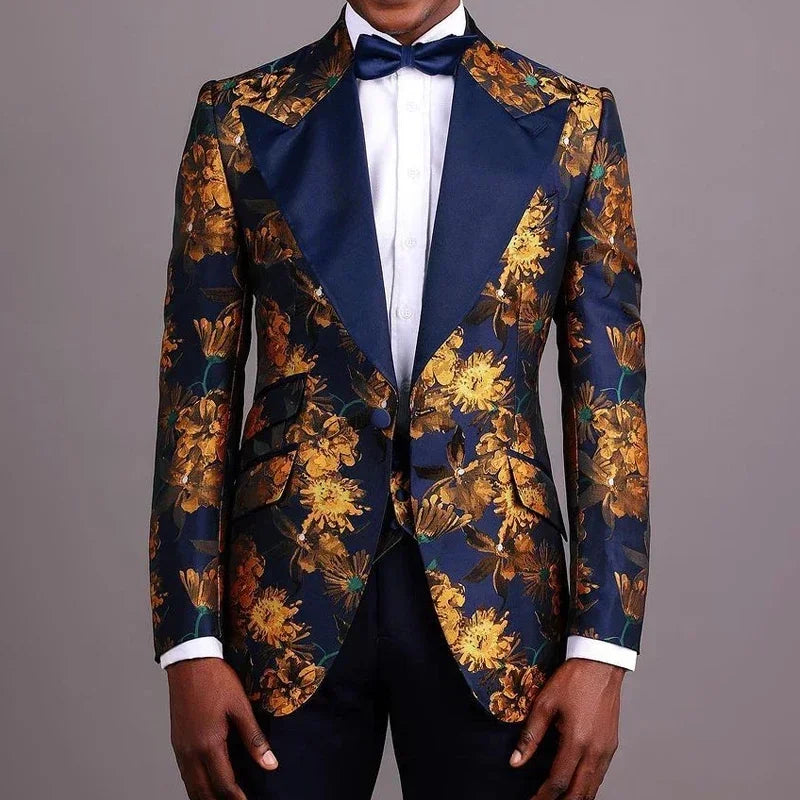 Floral Groom Tuxedos For Wedding Prom Party Suits 3 Pcs Jacquard Men Suit Slim Fit Male Fashion Costume (Jacket + Vest + Pants)