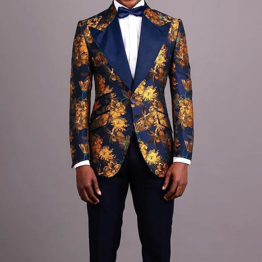 Floral Groom Tuxedos For Wedding Prom Party Suits 3 Pcs Jacquard Men Suit Slim Fit Male Fashion Costume (Jacket + Vest + Pants)